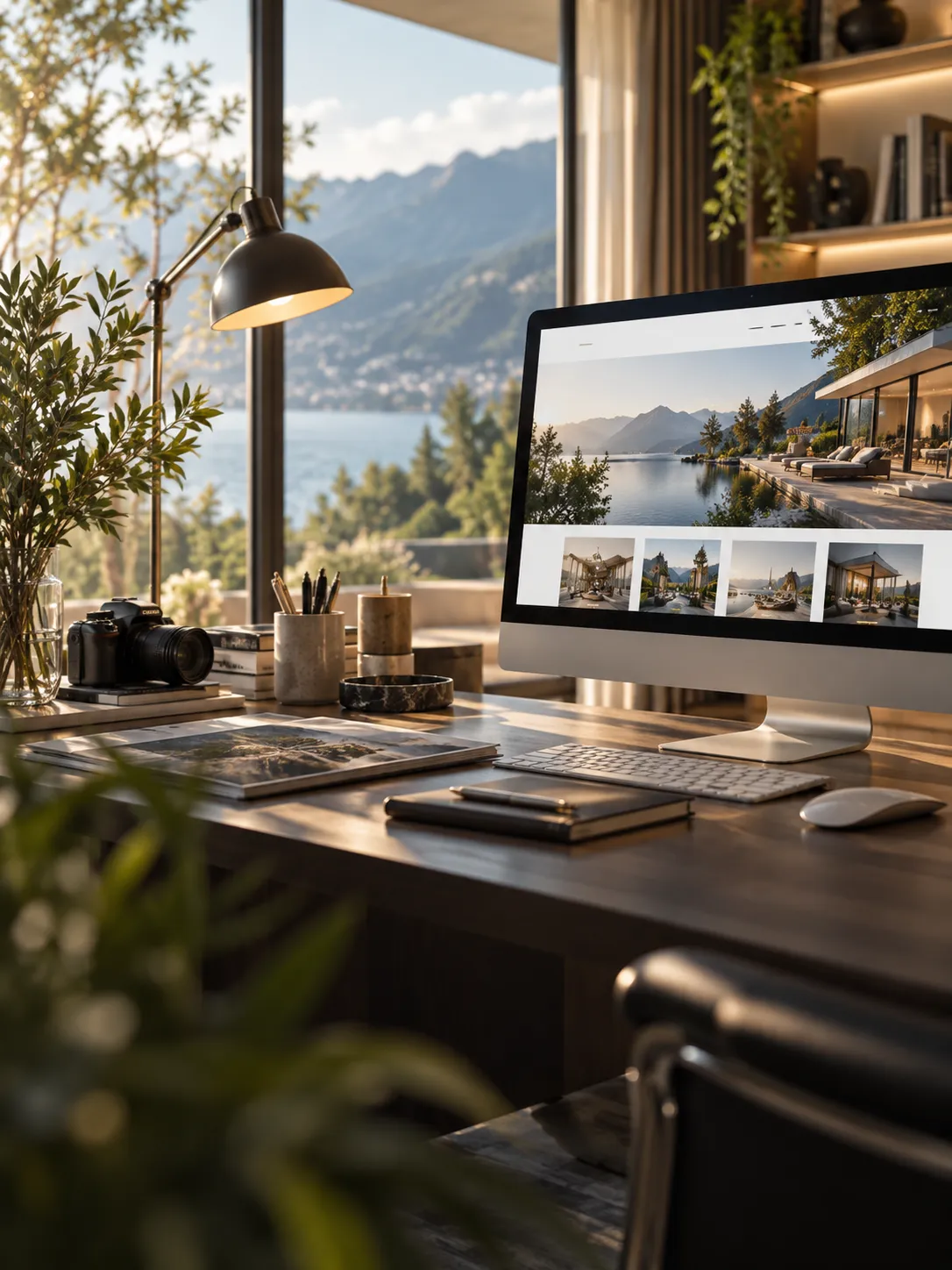 Kreativstudio mit Bergblick, Webseite auf dem Bildschirm – Webdesign